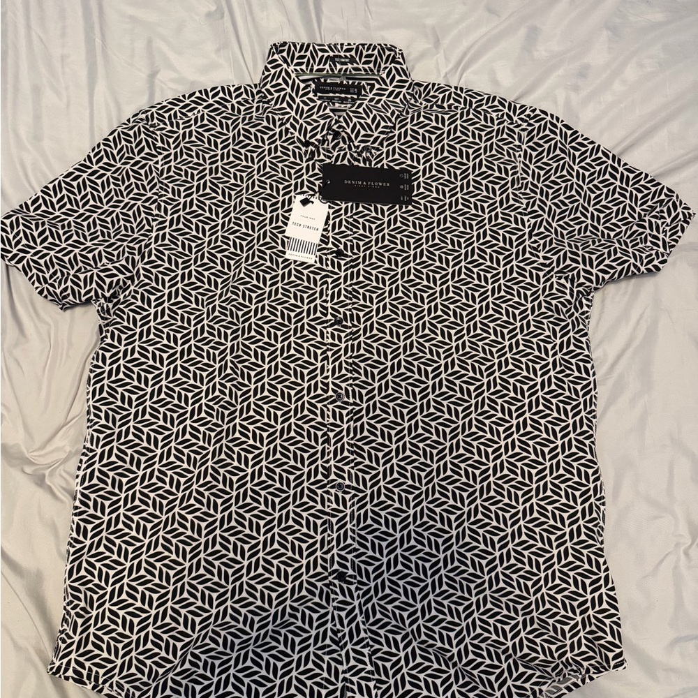 Denim & Flower Black and White Geometric Pattern Men's Shirt